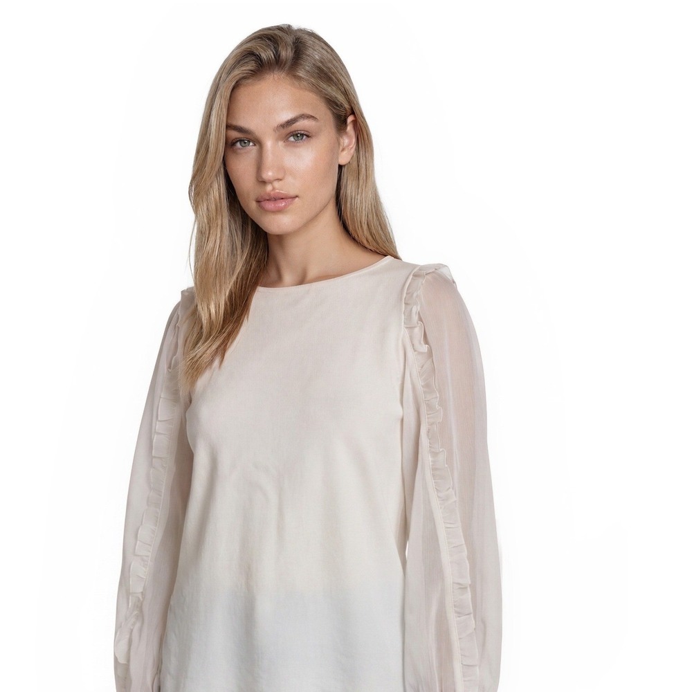 Ann Taylor Blouse Women's Size Large Petite LP Ivory Ruffle Sheer Balloon Sleeve